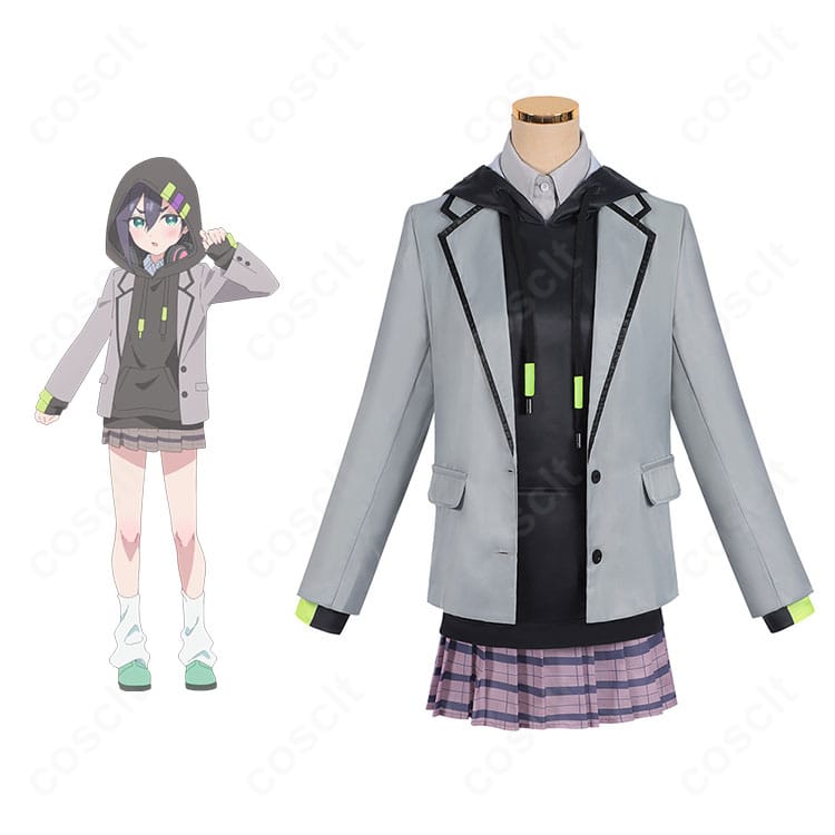 原賀胡桃の学園制服系コスプレ衣装・正面全体。コート+パーカー+シャツ+スカート+靴下のフルセットを着用したトータルコーデの見え方。