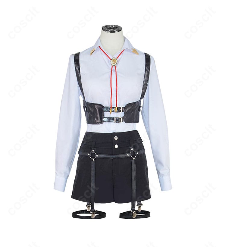 獅白ぼたん ワイシャツ衣装の装飾ディテール。コルセットベルト、太ももベルト、ネックレスの質感と縫製を近接で確認。