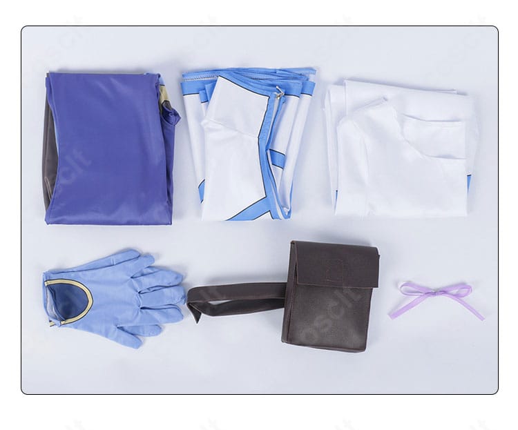 セット内容一覧。キャットスーツ、インナー、ストール、レッグポーチ、髪飾り、手袋のフルセット。