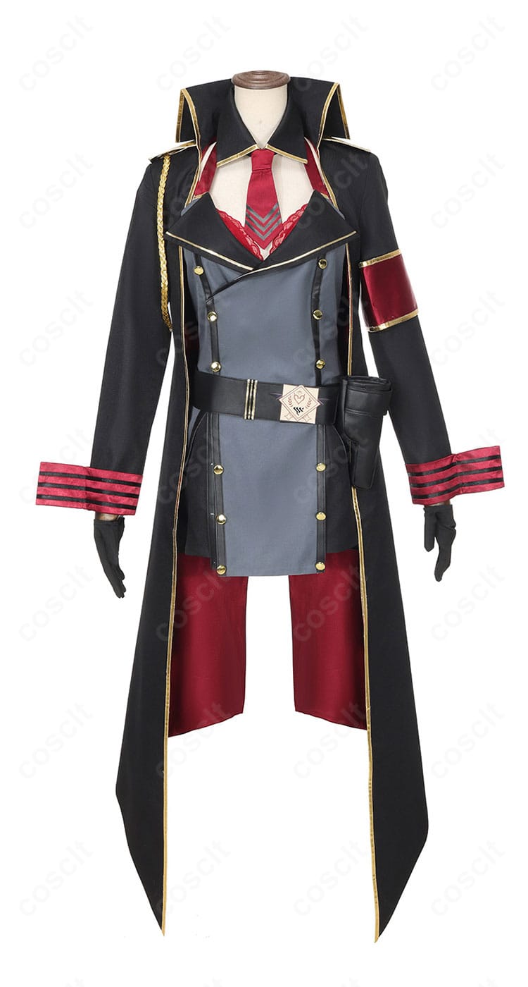 京極サツキ コスプレ衣装の正面全体。コート・スカート・腕章・蝶ネクタイの配置とシルエット