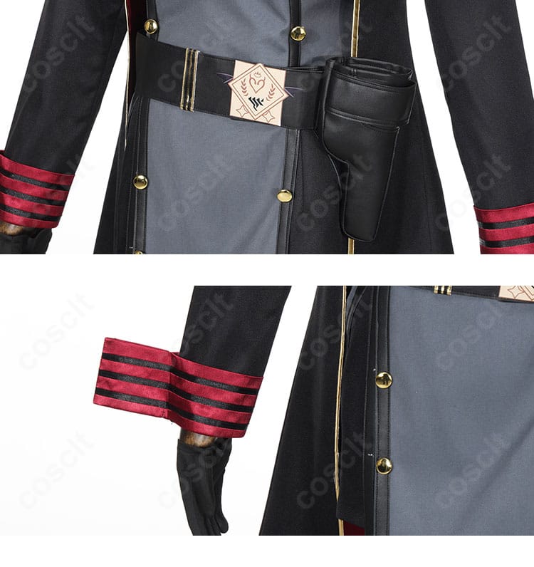 京極サツキ衣装のウエスト装飾と袖口。ベルトの質感と金具配置のクローズアップ