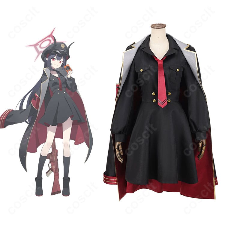ブルーアーカイブ 元宮チアキのコスプレ衣装と公式ビジュアル風の組み合わせ。配色と装飾を忠実に再現した全身正面カット。