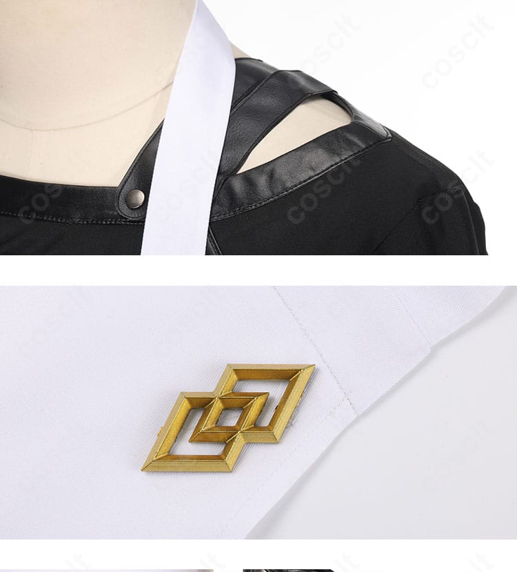 FGO カドック・ゼムルプス コスプレ衣装のエプロン背負いベルトと装飾の近接写真。位置調整の構造が分かる。