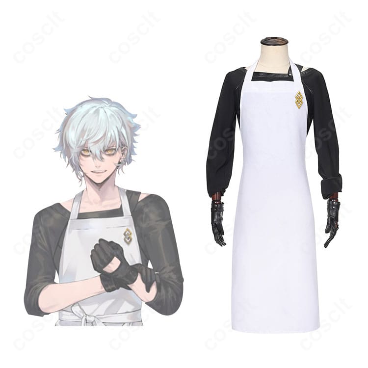 FGO カドック・ゼムルプスのキャラクターと並置したエプロン姿コスプレ衣装の正面全体。落ち着いた配色と端正なシルエットが分かる構図。