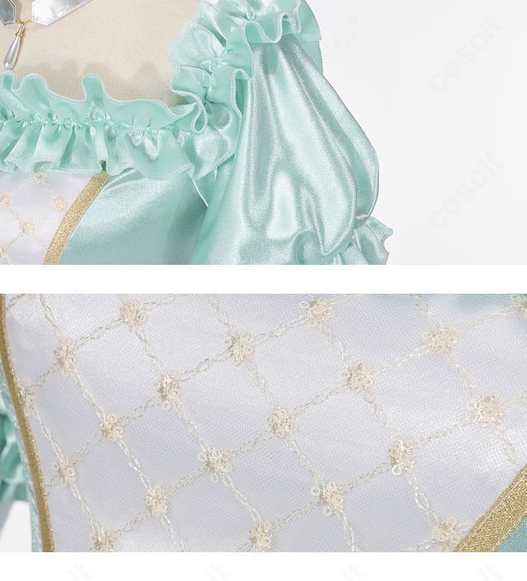 ロクサーヌ衣装の袖口と襟の装飾アップ。細密な刺繍と縁取りの質感が分かる