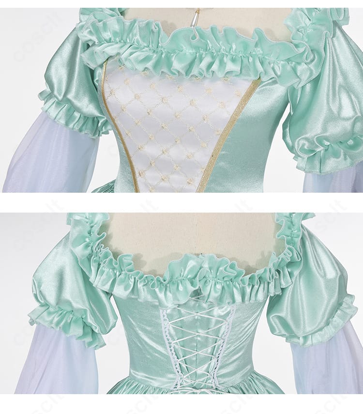 ロクサーヌ衣装の刺繍と装飾ディテール接写。襟元・身頃の精巧な意匠を強調