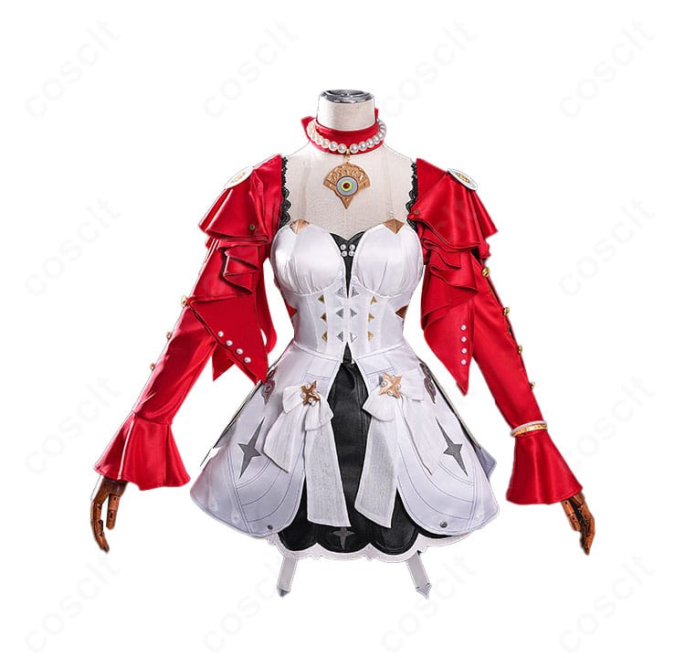 アストラ・ヤオ衣装の正面全景。ワンピースの色味と生地の質感、ネクタイの配置まで忠実に確認できる写真。