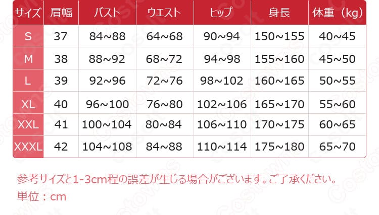 サイズ表記と寸法ガイド。S〜XXXLまでの対応サイズと計測部位を示した案内画像。