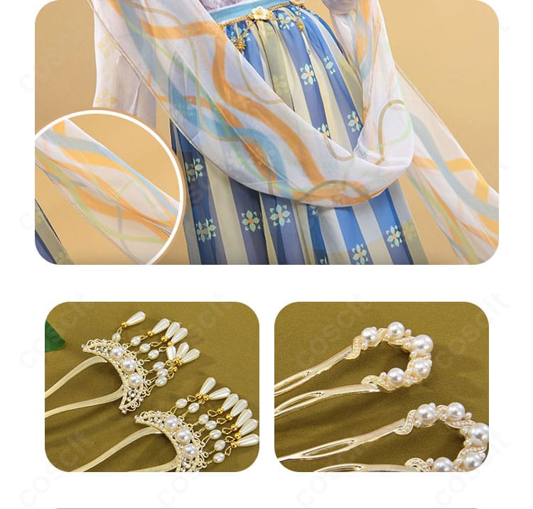 衣装装飾と髪飾りのセットアップ。全体の統一感と色調バランスが分かる構成。