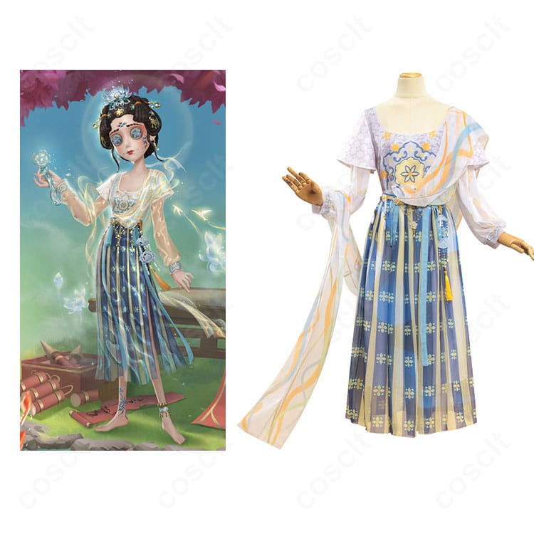 エミリー・ダイアー（医師）薬司の全身コーデと商品正面を並べた比較画像。『第五人格』薬司衣装の雰囲気と配色が分かる構図。