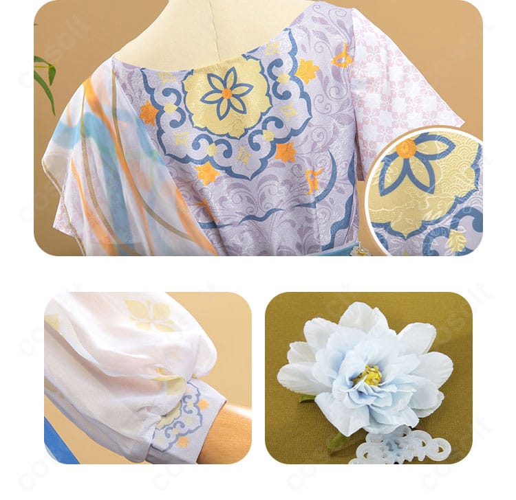 背面と袖の装飾詳細。袖口の意匠と背中の縫製ライン、レイヤーの重なりを表現。