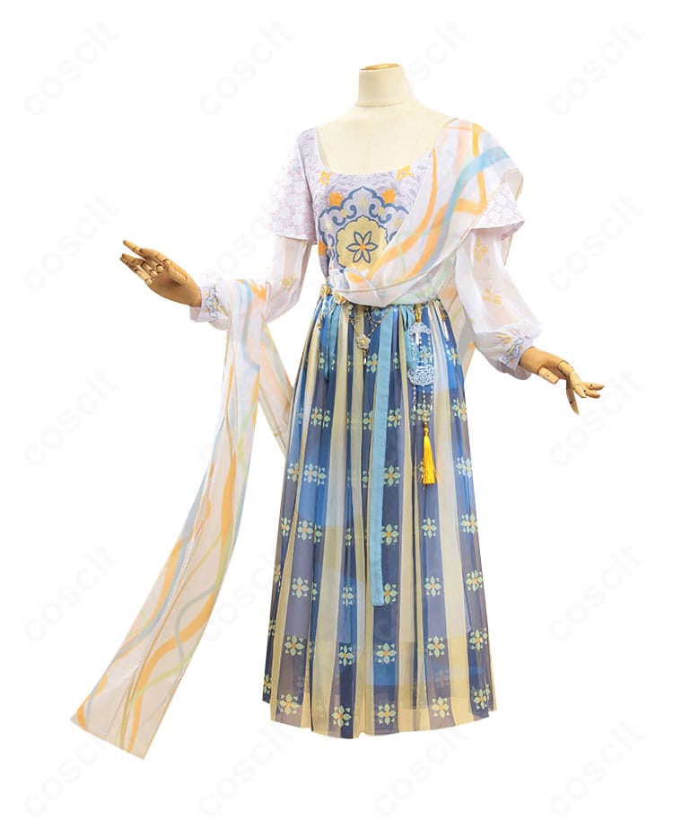 商品側面。ショールの落ち感とスカートの広がり、腰飾りの位置関係が分かるデザイン全景。