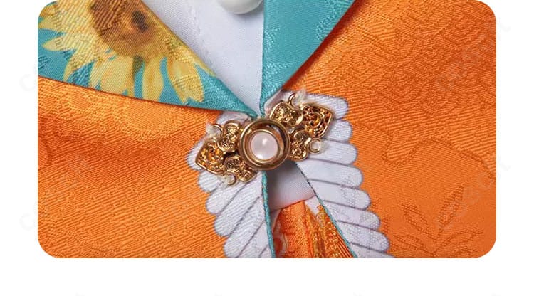 前立てボタンの装飾ディテール。キャラクター設定に忠実な色味と形状を再現。