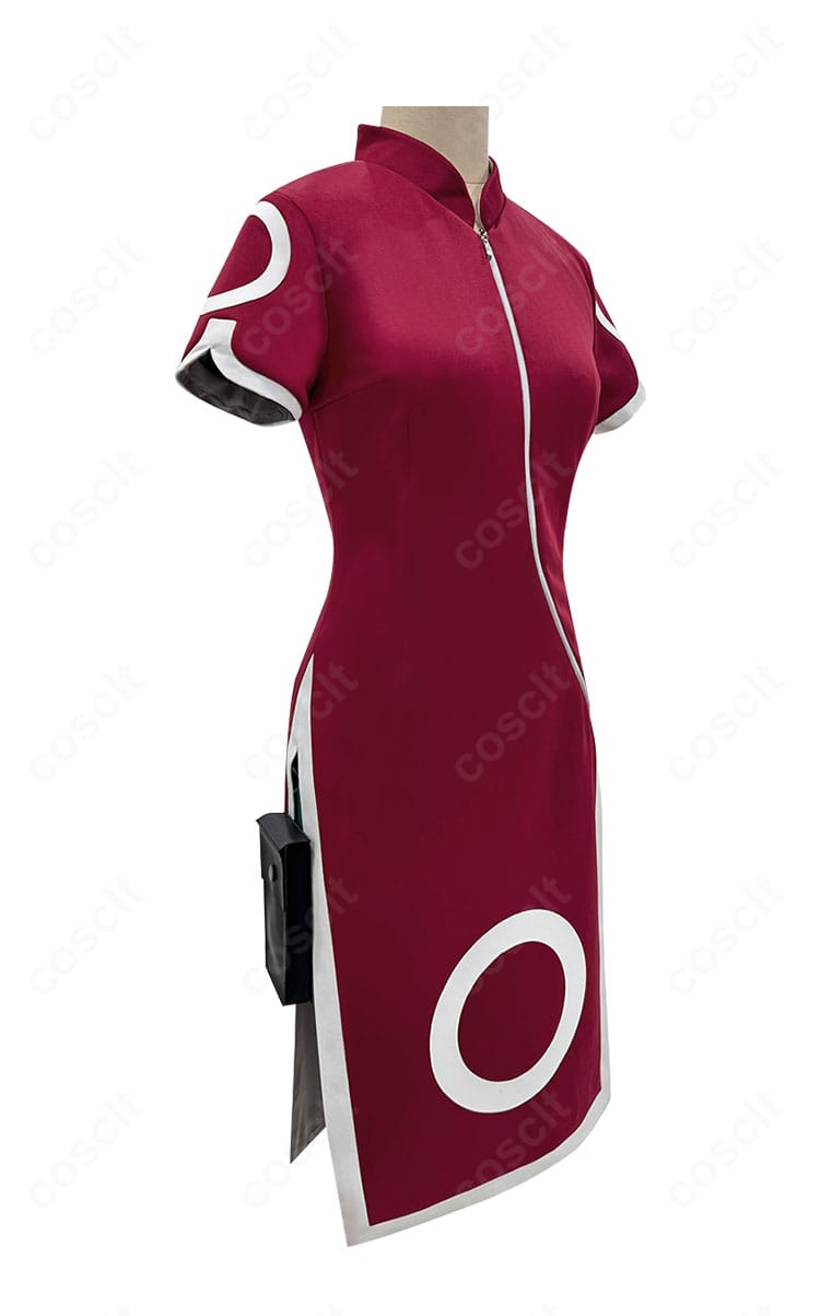 春野サクラのチャイナドレス衣装・右側面。スリットラインやサイドのフィット感、装飾の配置を確認できる画像。