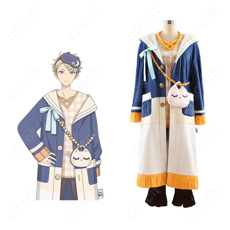 鳴上嵐・仁兎なずな・明星スバルのアットホーム衣装コラボ風イメージと商品正面を並置した画像