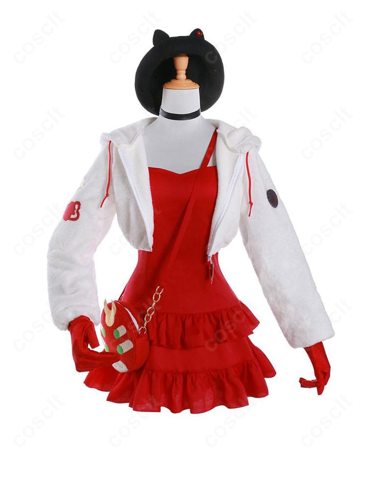 装飾細部写真。チョーカーやバッグ、コートの縫製ディテールなど、再現度を高める小物と仕立ての近接。