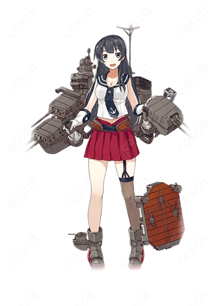 艦隊これくしょん 阿賀野 通常ver コスプレ衣装をモデルが着用し、キャラ画像と比較した高再現カット。ハリ感あるセーラーシルエットとトップス・スカート・ベルト・手袋のセット内容が分かる写真