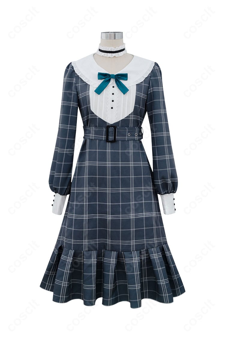 若葉 睦 コスプレ衣装の正面全身写真。Ave Mujicaの落ち着いた色味と上品シルエット、付属ベルト・チョーカーの質感が見える商品画像。