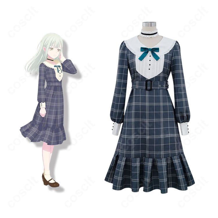 若葉 睦 通常Ver.コスプレ衣装の正面全身とキャラ比較。ワンピースとベルト・チョーカー・リボンの再現度が分かる解説画像。