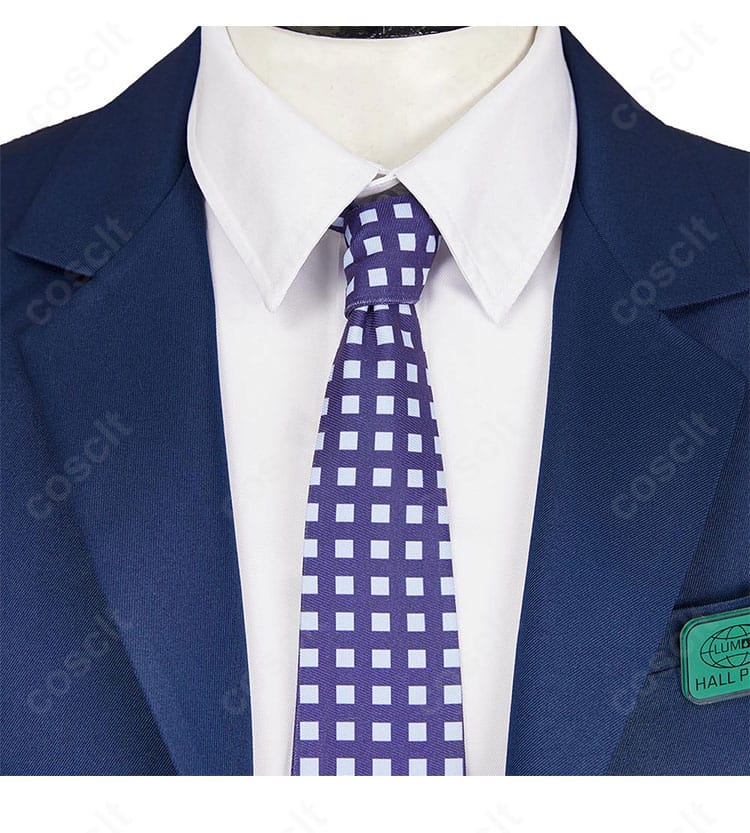 セヴェランス マーク・スカウト スーツのネクタイ装飾アップ。劇中トーンの配色と結び目の質感を詳細に撮影。