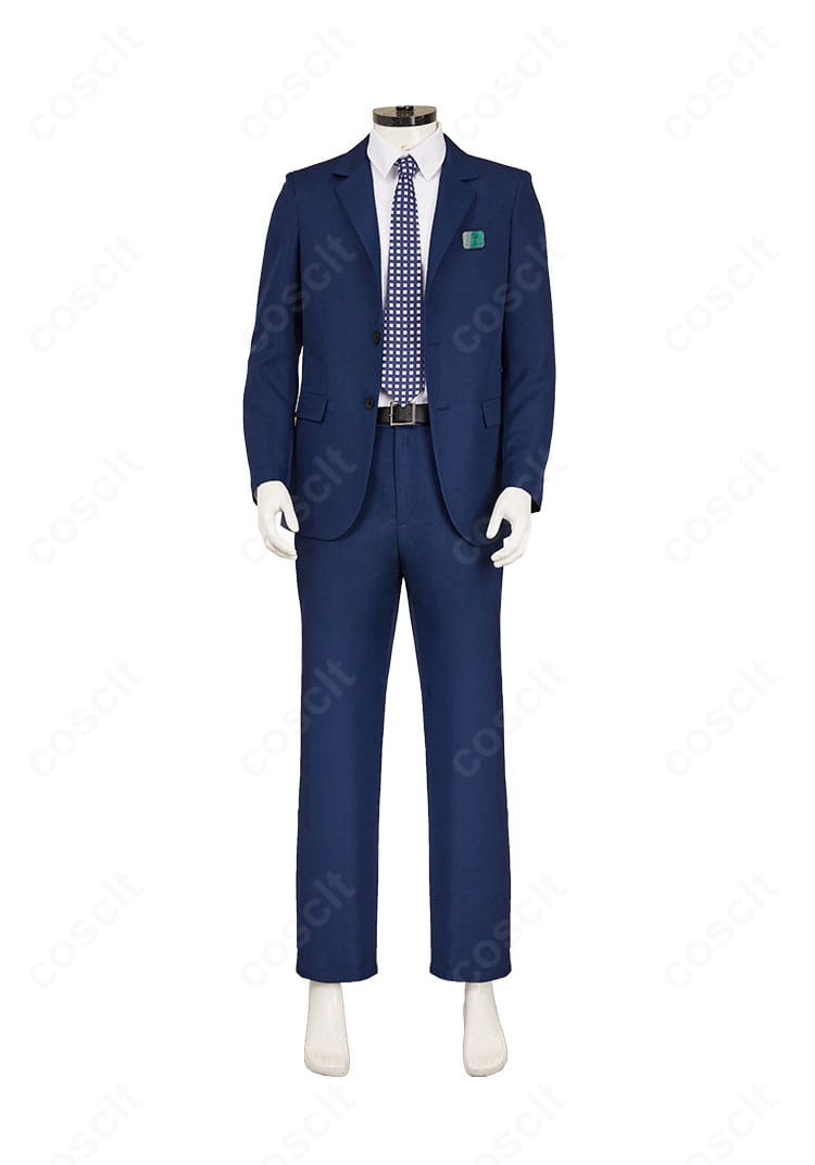 セヴェランス マーク・スカウト 劇中スーツの正面フルセット。コート・シャツ・ズボン・ネクタイ・ベルト・胸飾りを着用した全体像。