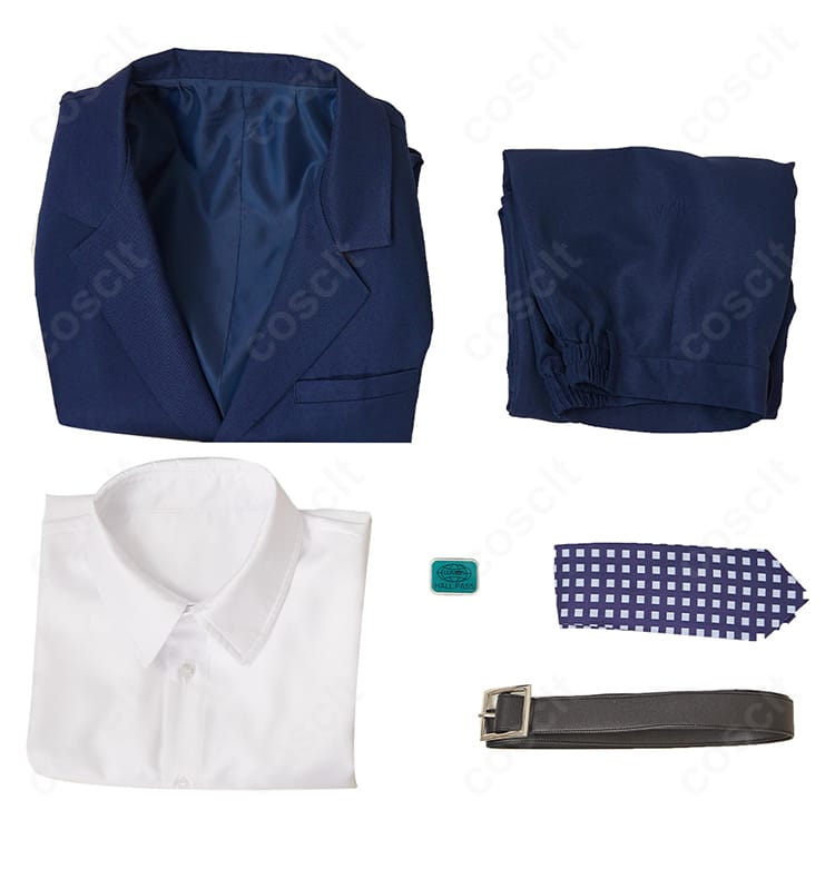 セヴェランス マーク・スカウト 劇中スーツのセット内容一覧。コート、シャツ、ズボン、ネクタイ、ベルト、胸飾りの同梱品を並べた画像。