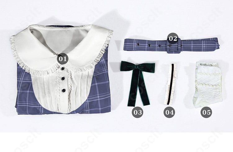 セット内容一覧画像：ワンピース、ベルト、リボン、チョーカー、靴下。初めてでも揃ってすぐにコス可能。