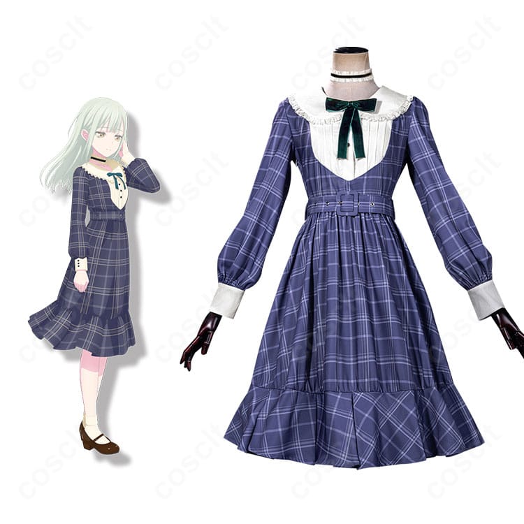 BanG Dream! Ave Mujica 若葉睦のコスプレ衣装。チェック柄ワンピースの正面とキャラ比較が並ぶ高再現ショット。