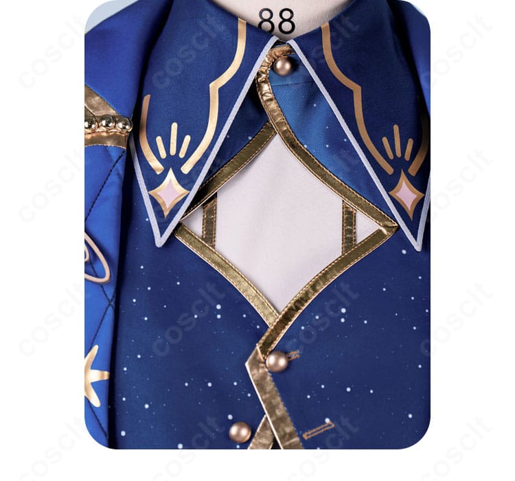 青葉つむぎ コスプレ衣装の襟元装飾アップ。胸飾りリボンと金具の質感を詳細に表示