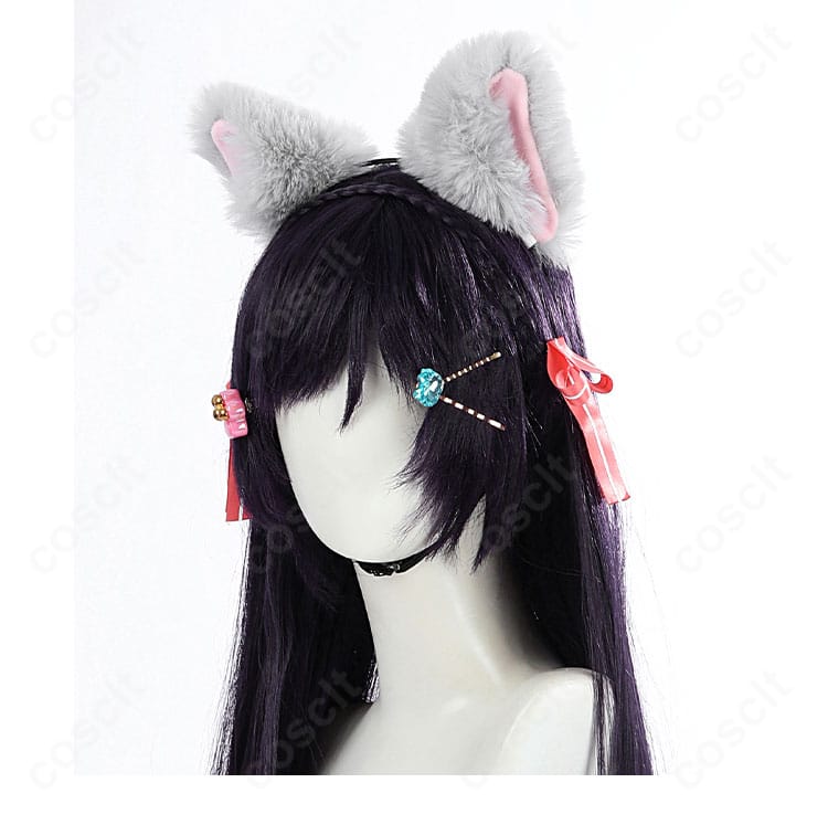 ヘッドドレス側面。猫耳カチューシャと髪飾りの重なりがわかるショット。