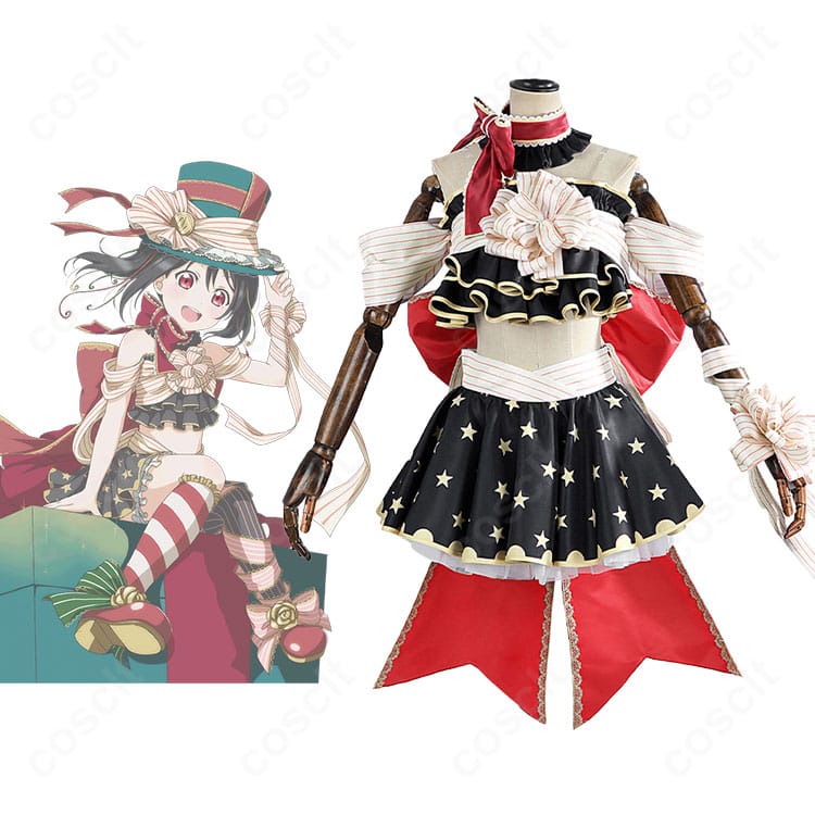 商品正面とキャラクターの融合イメージ。ラブライブ！スクフェス 矢澤にこ「こころ揺れちゃうよ 報酬編」コスプレ衣装の全体感と色味を比較表示。