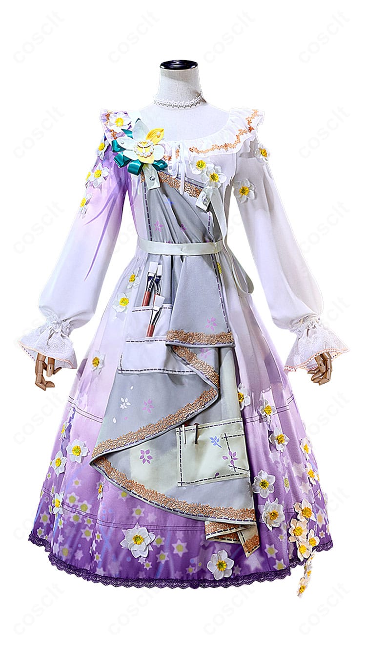 正面全体図。エプロンと胸飾りを備えたドレスのシルエットと配色が分かるカット。