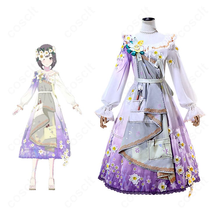 東雲絵名のコラボイメージと商品正面。ナーシサス・ペインタードレスを高再現したコスプレ衣装の全体感。