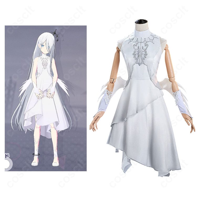 宵崎奏 ブランシュエルドレスのコスプレ衣装正面。キャラクターイメージと並置し、白ドレスと翼のシルエットを明確に確認できる写真。
