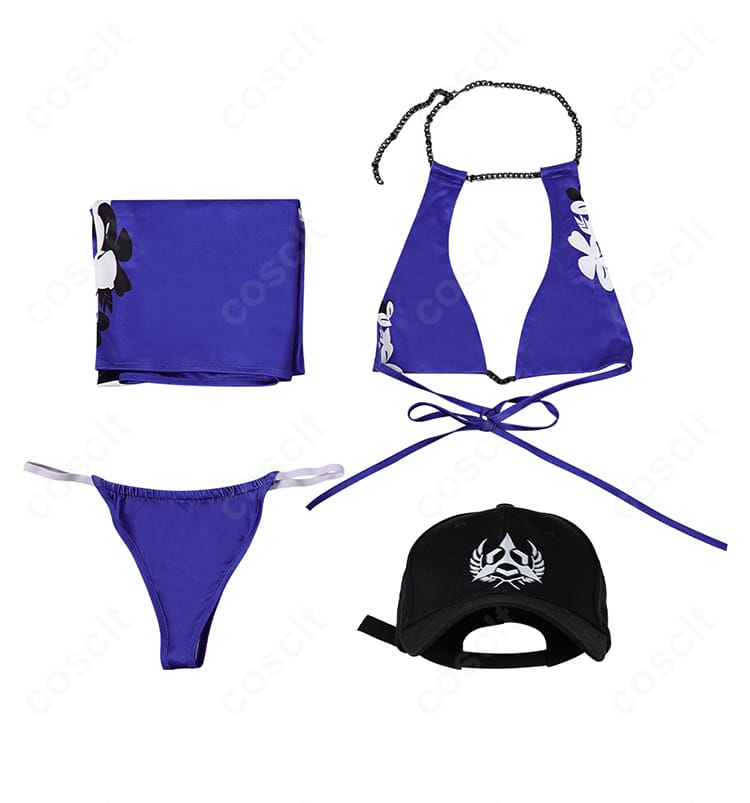 鉄拳8 レイナの水着コスプレ衣装 セット内容一式。トップス・ショーツ・腰布・帽子の4点を一覧表示。