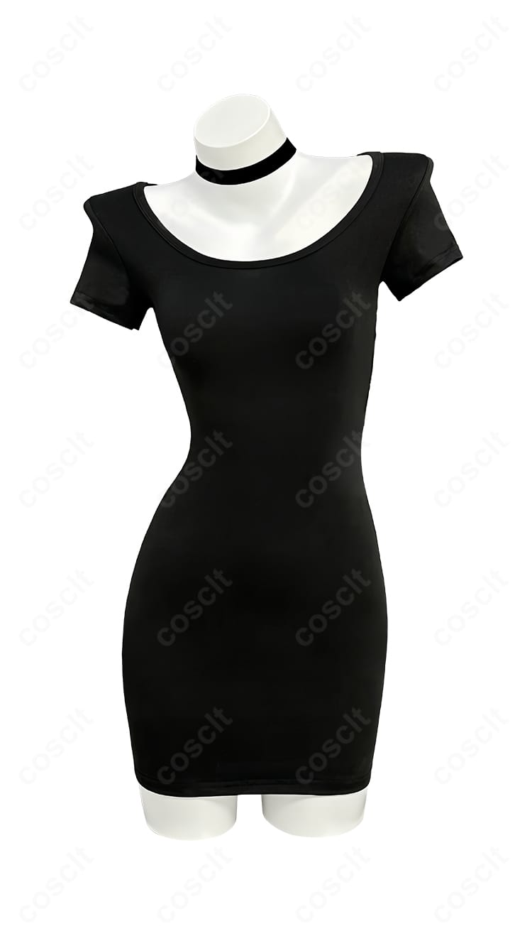 弥海砂コスプレ衣装（黒ワンピース）の正面詳細。ウエストラインとスカートの広がりを確認。