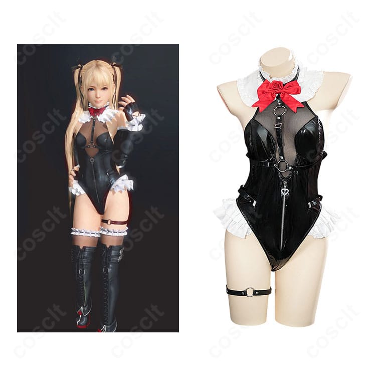 マリー・ローズの水着「トゥインクル・ローズ」一式とキャラクター参考の全体像。COSCLT製コスプレ衣装のフルセット正面。