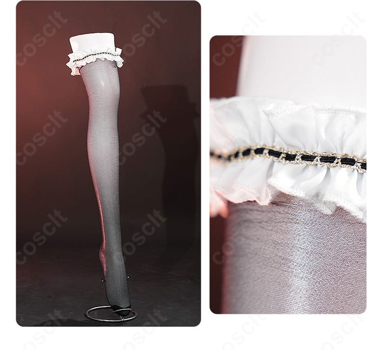 ストッキング装飾のディテール。脚線を美しく見せる意匠を強調。