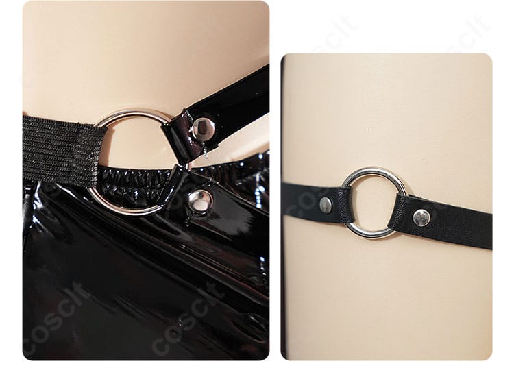 背面の細い帯と脚部装飾のアップ。太ももベルトとの連動感を強調。