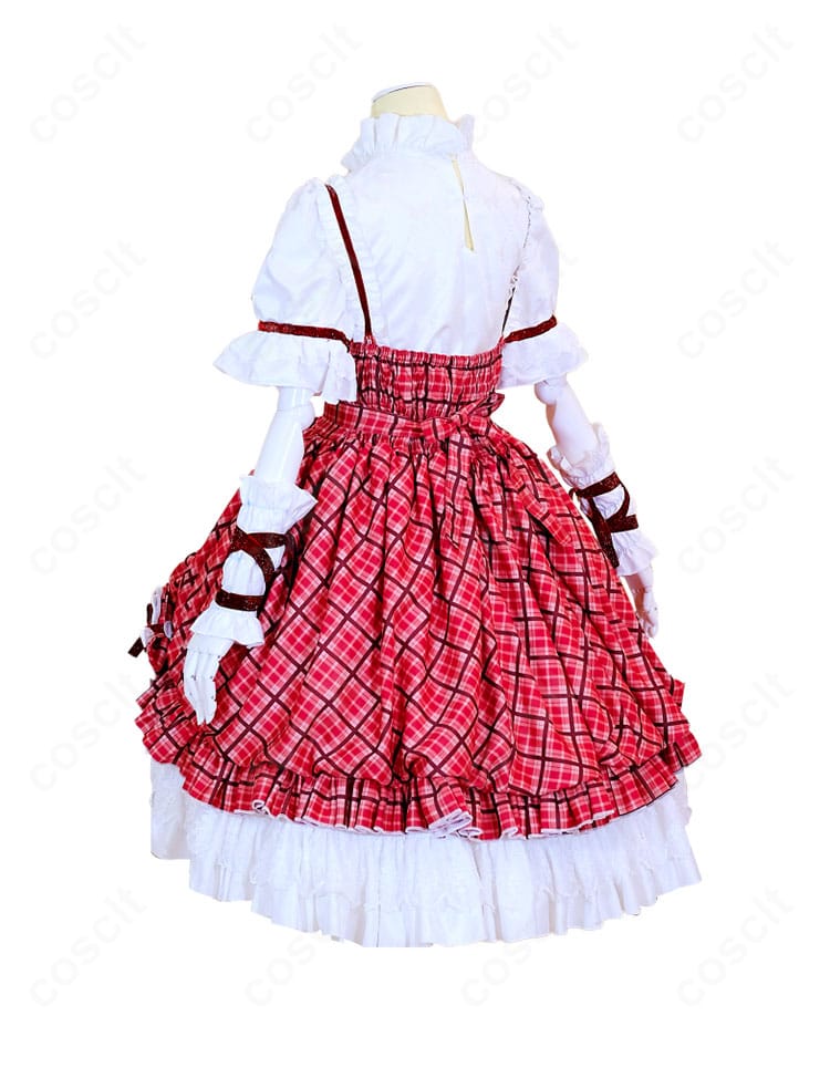 日奈森あむ コスプレ衣装 チェック柄ケーキドレスの背面。開閉部とフリルの重なりが分かる後ろ姿。