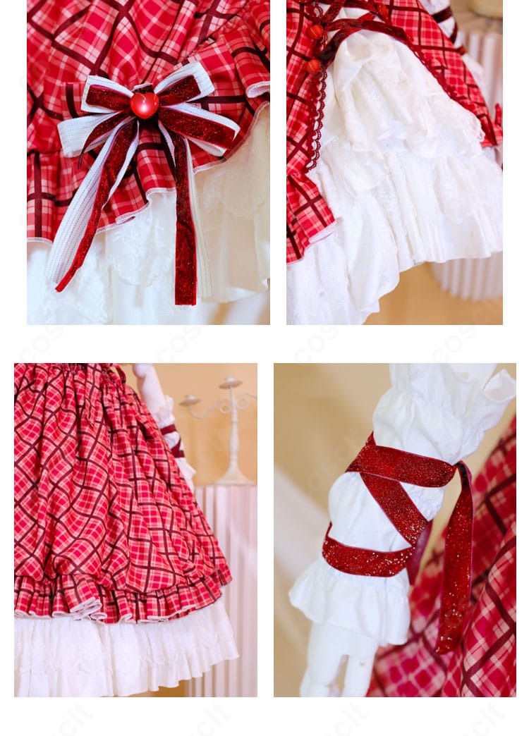 スカート段フリルとアームカバーの質感。華やかで個性的なデザインが撮影映えする。