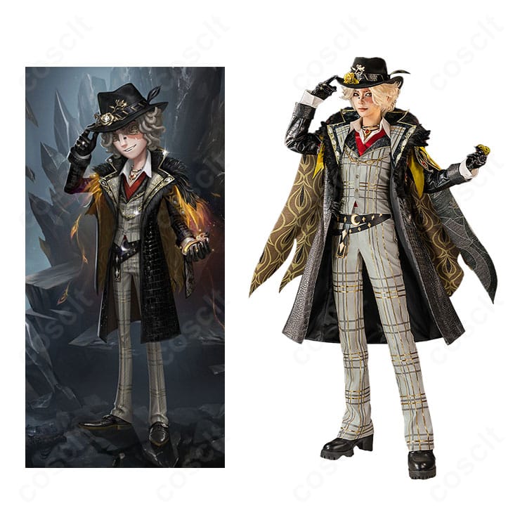 第五人格 ノートン・キャンベル 探鉱者 梟徒のコスプレ衣装とキャラクタービジュアルを並置した正面写真。高再現の色味とマントが特徴。