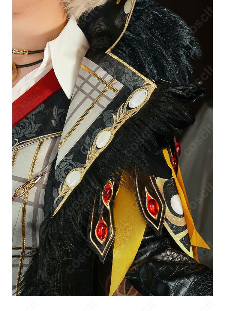 襟元装飾のアップ。毛皮の襟と縁取りで高級感を表現し、キャラクターの雰囲気を再現。