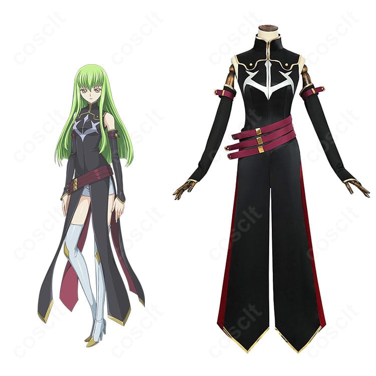 商品正面とC.C.の黒の騎士団コスプレ衣装を並置した画像。ワンピースとベルト、アームパーツの再現度が分かる構図。