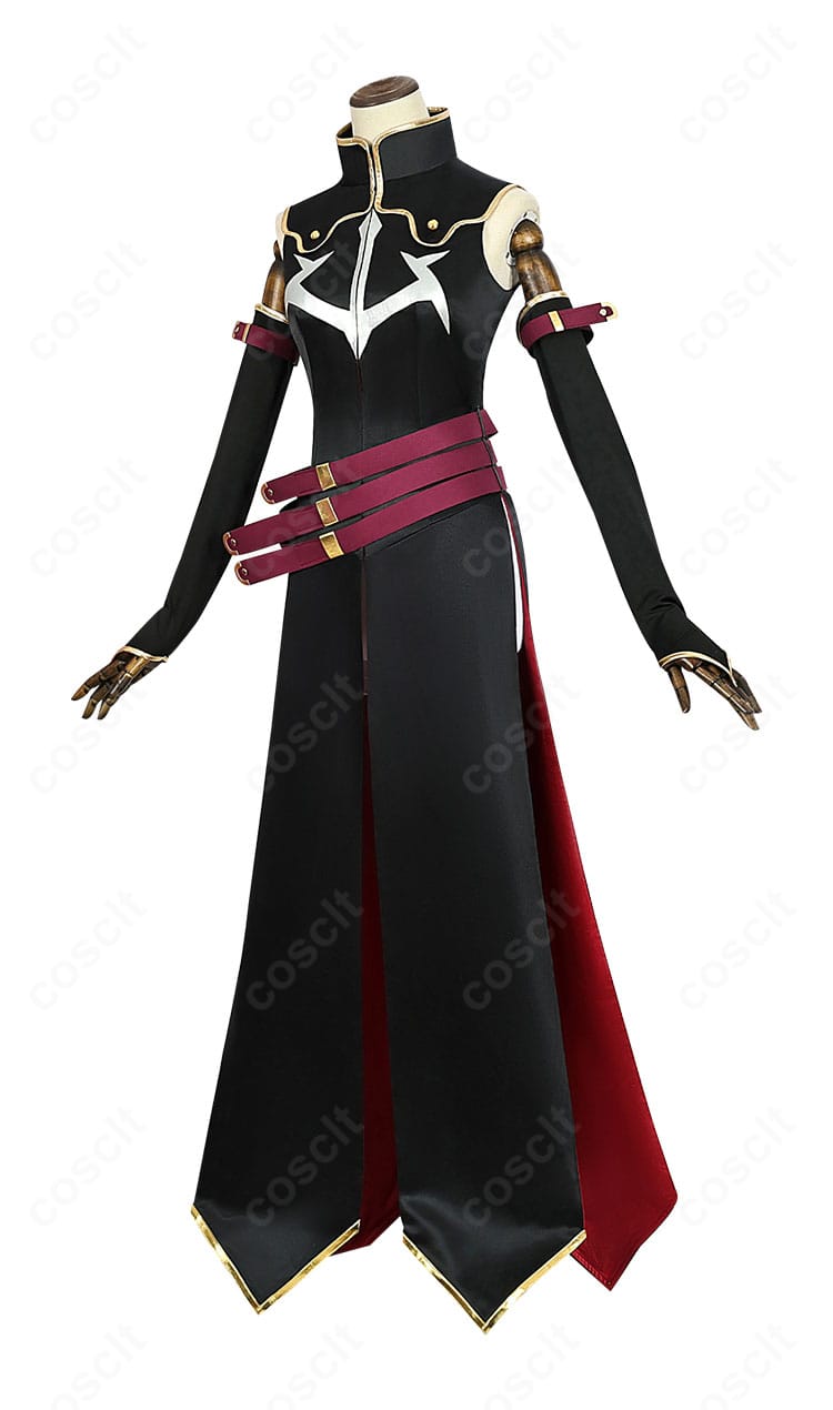 商品側面のC.C. 黒の騎士団コスプレ衣装。ウエストベルトとショートレギンスで作るスタイリッシュなラインを強調。