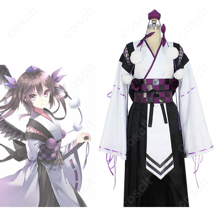 東方Project 姫海棠はたてのコスプレ衣装。正面全身とキャラクターイメージを対比し、高再現のシルエットと和風テイストを示すカット。