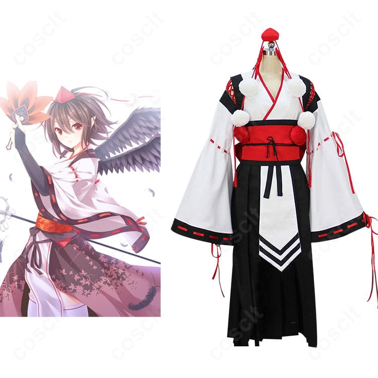 射命丸 文の香霖堂 天狗装束コスプレ衣装の正面全体。キャラクターデザインに合わせた白黒配色と和装ディテールを再現。