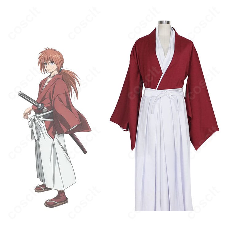 るろうに剣心 緋村剣心のコスプレ衣装・商品正面とキャラクター比較。和装袴の色味とシルエットを高再現したセットの全体像。