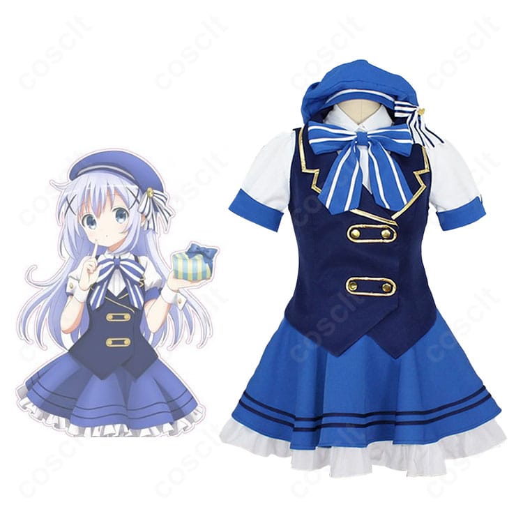 『ご注文はうさぎですか？』香風智乃のメイド風制服コスプレ衣装、商品正面＋キャラクターイラストの組み合わせ画像。刺繍とリボンが映える可愛いデザイン。