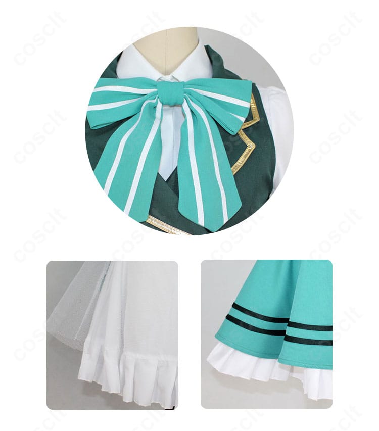 宇治松千夜 メイド服の襟元とスカート裾の装飾。コントラストトリムとステッチの精密さを強調。